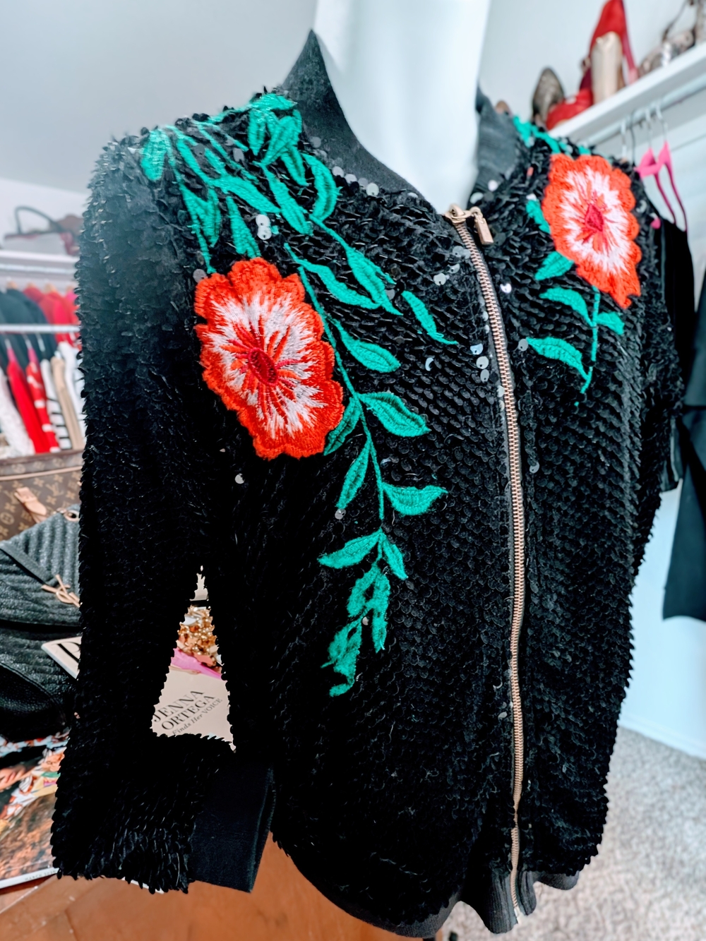 Gianni Bini Black Bomber Jacket with Red Floral Embroidery - Picture 3 of 6